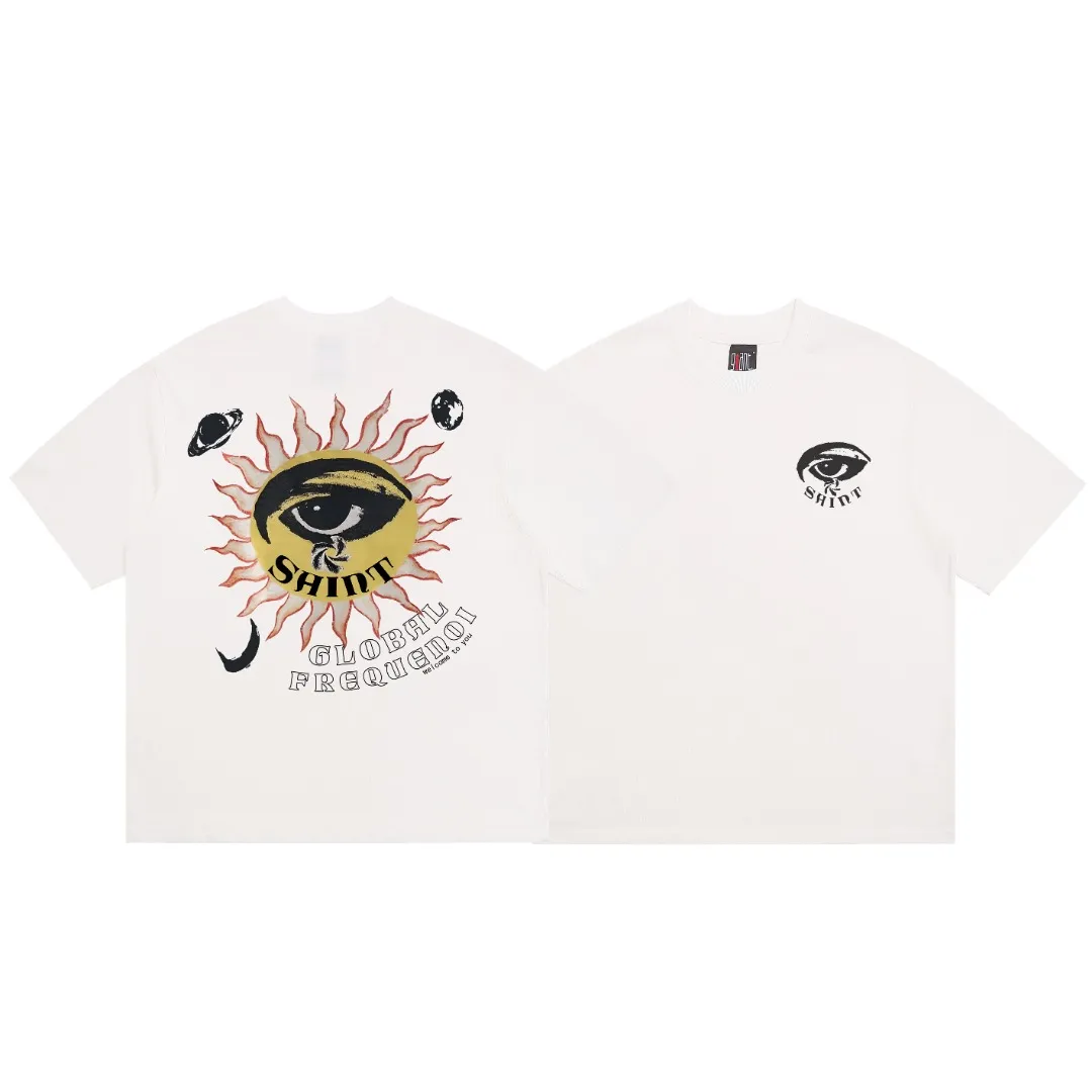Stylish brand Saint michael 25FW God's Eye print distressed retro loose short-sleeved T-shirt. Digital white ink direct printing. The fabric is breathable and the pattern is three-dimensional and clear. Fabric: Double yarn 240g Style number: S930 Size: S-M-L-XL Color: White Price: P110